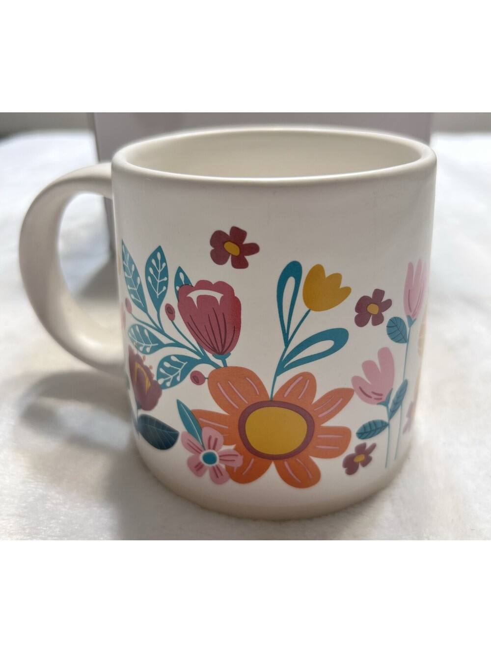 Karma Gifts Stoneware Coffee Mug White Floral Design "More Happy Less Worry"